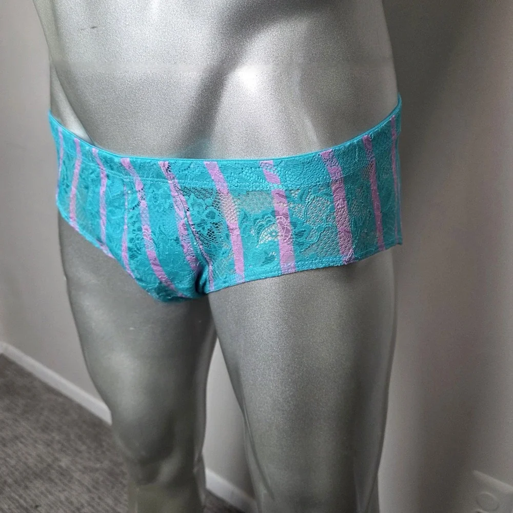 Cosabella Mens Never‎ Say Never Curvy Lace Brief Turquoise Lilac Striped Sheer M
